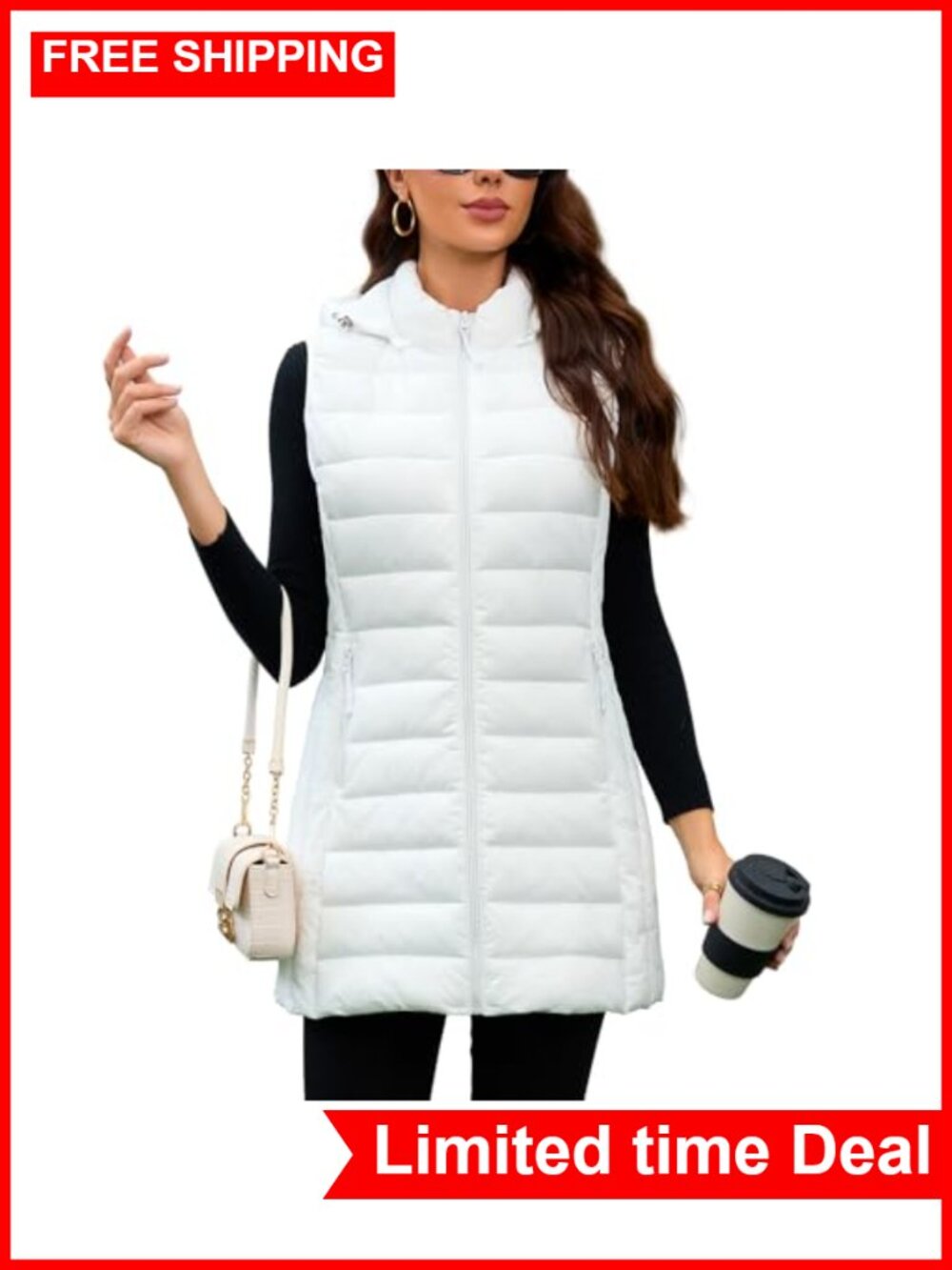 Women's Long Puffer Vest with Detachable Hood Lightweight Packable Quilted